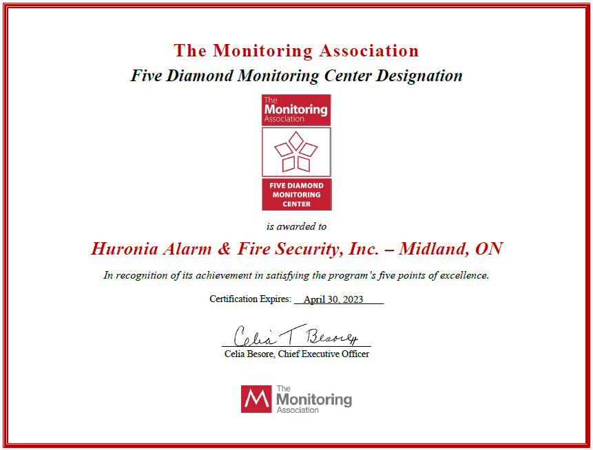 Huronia Alarm & Fire Security, Inc. renews TMA Five Diamond Monitoring Center Designation, 2023